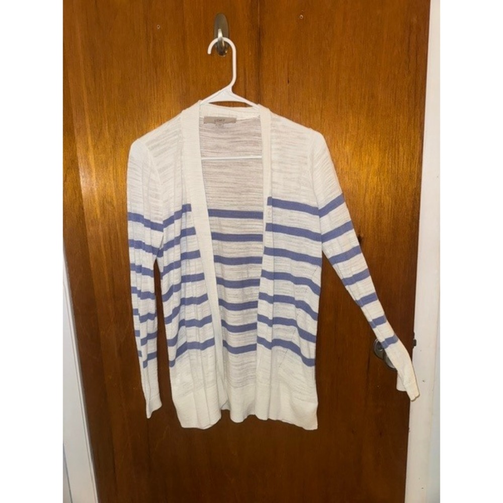 Loft Womens SM Open Front Cardigan Blue White Striped Lightweight Slub Knit (C)
